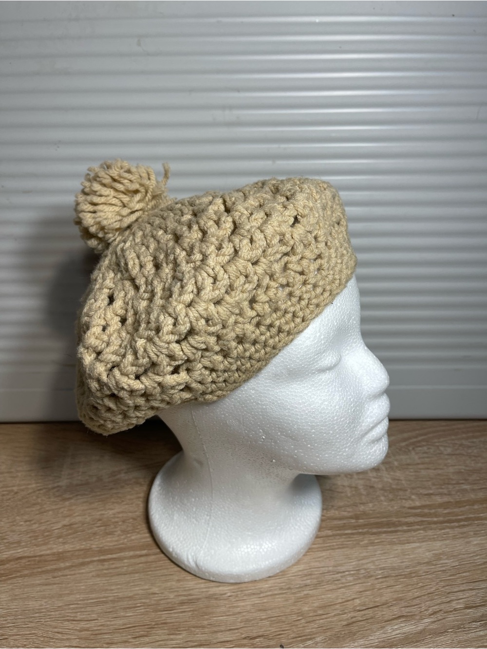 Handmade VTG  beige Crochet Beret with Pom Pom
